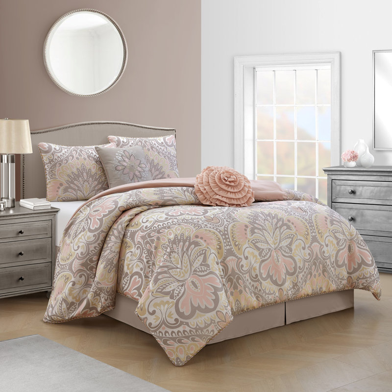 Ensemble d'édredon réversible en microfibre 6 pièces Amelia, Édredon de grande taille et 6 pièces supplément, Rosé