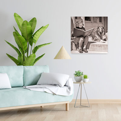 1930S Engrossed Little Girl Outdoor Reading Big Book Sitting Next To Rough Collie Dog Looking At Camera Classic Retro Vintage Dog Portrait Wall Art