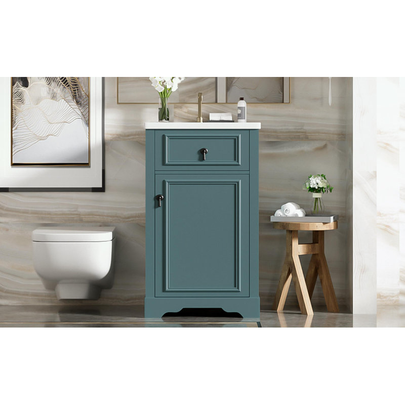 Meuble-lavabo de salle de bain avec lavabo en céramique, tablette réglable et support de rangement fixé à la porte, Vert