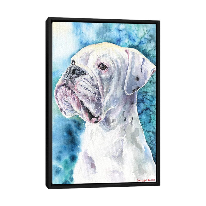 Boxer blanc, impression sur toile, H 26 po x l 18 po x P 1,5 po, Toile avec cadre noir, Pas de tapis