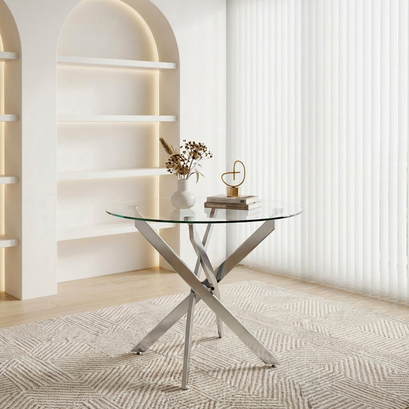 Table de salle à manger ronde, en verre de 35,5 po avec pieds, esthétique moderne pour la pièce, réduit la collision, assemblage rapide et simple dans les petits espaces