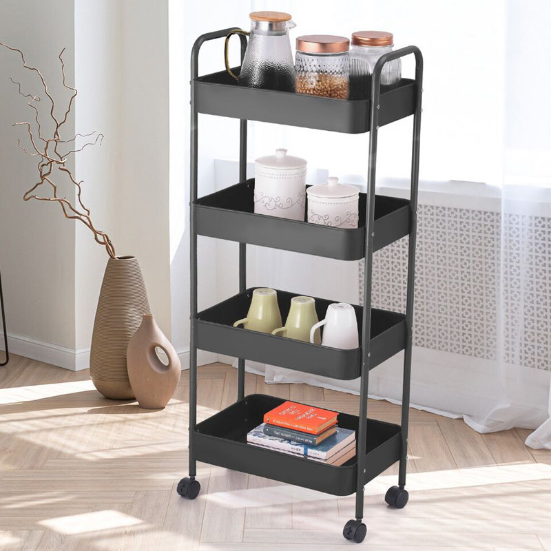 4 Tier Shelf Plastic Slim Storage Trolley Cart Castor Wheels Kitchen Organiser, Black
