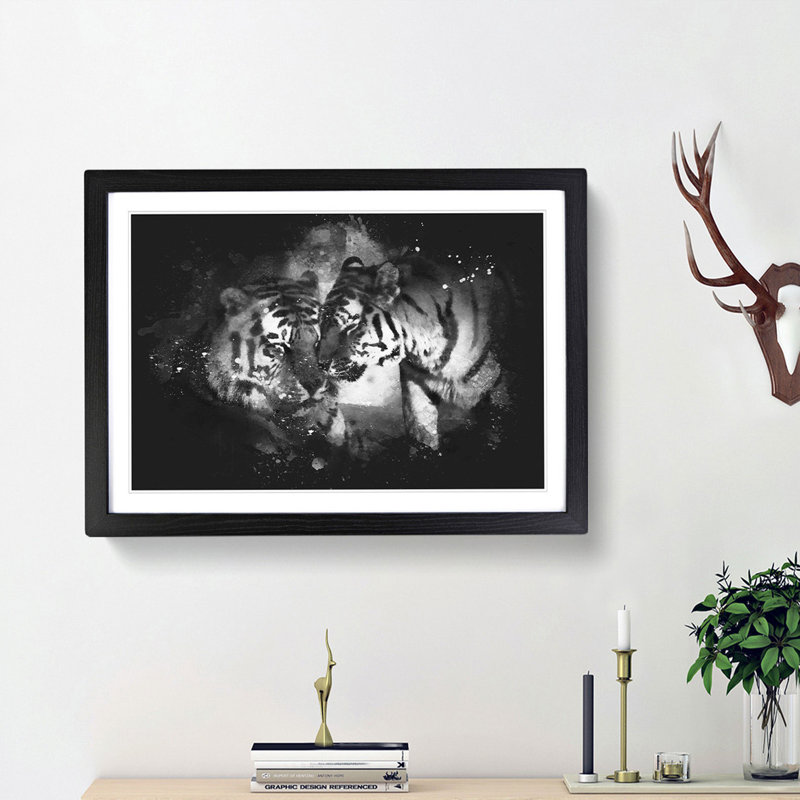 Two Snuggling Tigers - Picture Frame Graphic Art Print, 33cm H x 45cm W x 2cm D, Black Framed