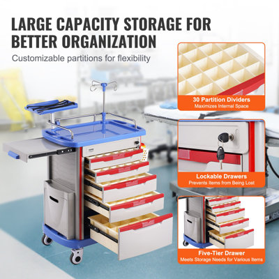 Chariots de laboratoire à 5 niveaux, chariot utilitaire de laboratoire avec 5 tiroirs et 4 roues silencieuses, chariot médical mobile avec matériau PP, chariot roulant de laboratoire avec 2 poubelles pour laboratoire, clinique, hôpital, salon, bleu