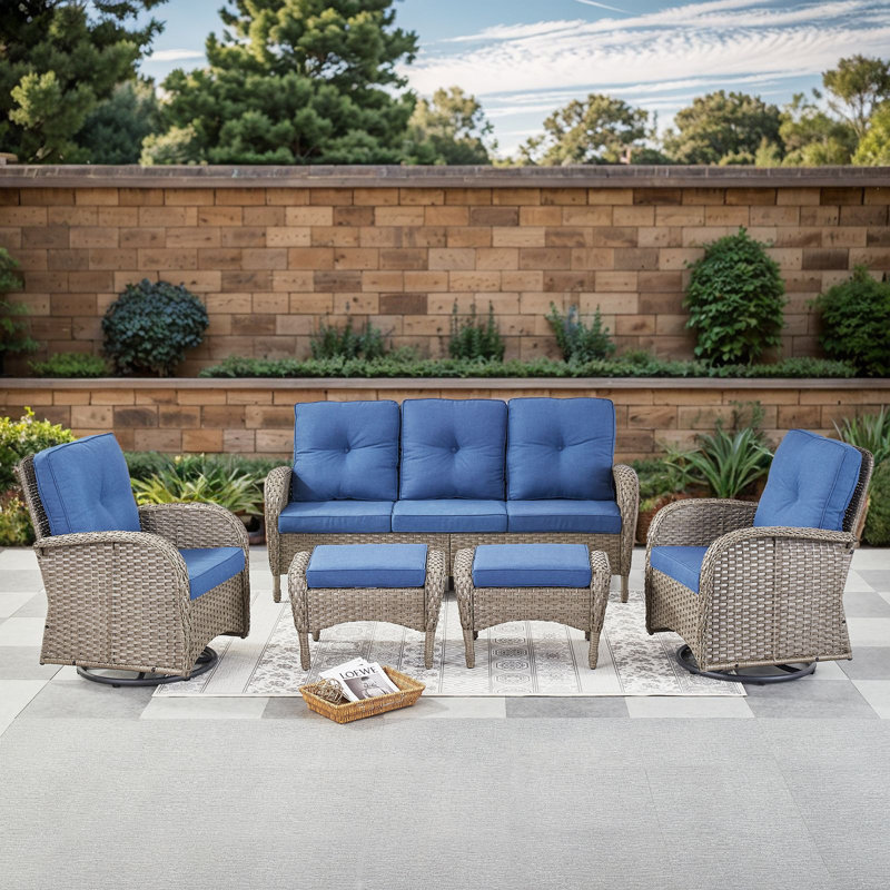 Valierius 5-Piece Outdoor Wicker Patio Furniture With 8 Seat Sofa & Swivel Chair, Coversation Set With Water Resistant Cushions