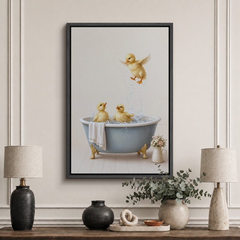 «Cute Ducklings Splashing In Bathaign», reproduction de chambre de bébé, impression sur toile encadrée, Black Frame