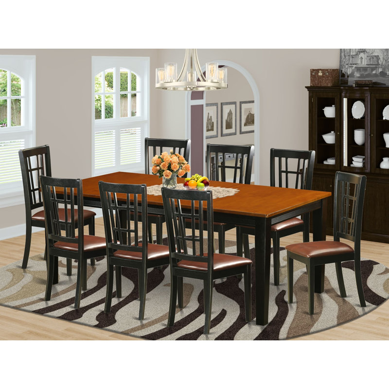 9 Piece Kitchen Table & Chairs Set Includes a Rectangle Dining Room Table with Butterfly Leaf and 8 Faux Leather Chairs, Black & Cherry