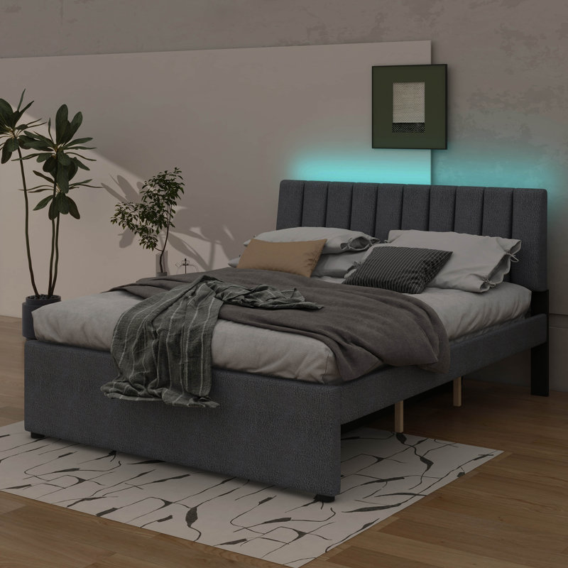Lit plateforme rembourré Teddy, Gris, Grand lit