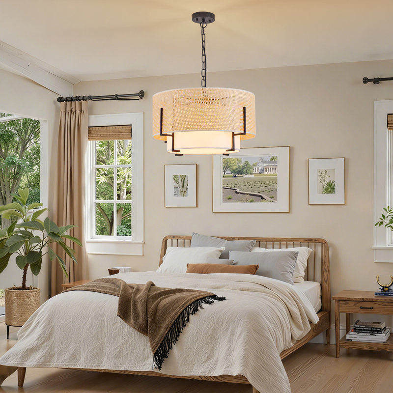Luminaire suspendu 19,69 po en rotin tissé et tambour en tissu pour chambre à coucher