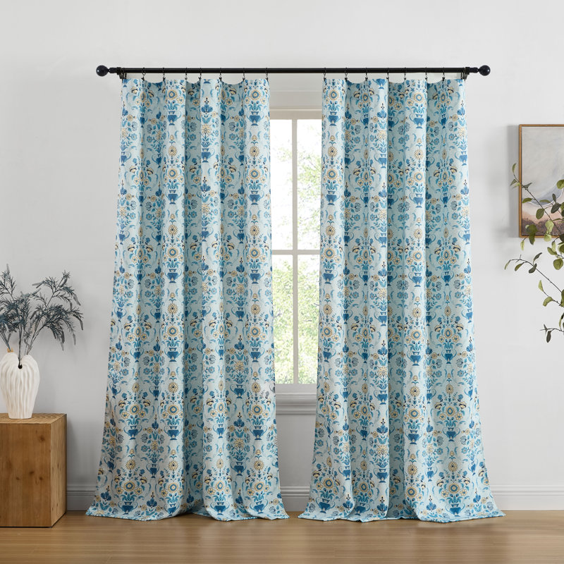 Clara Floral Damask Patterned Window Back Tab Rod Pocket Curtains Bedroom - Light Blocking Darkening Window Panels, Set of 2