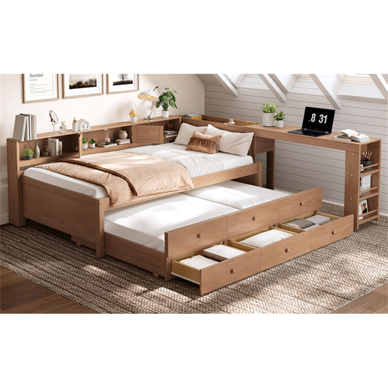 Lit de jour simple avec couchette, structure de lit de jour en bois avec tiroirs de rangement, tablettes latérales et bureau