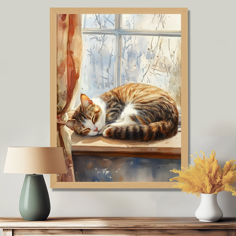 Chat blanc et brun endormi sur le rebord de la fenêtre I - Tableau encadré, H 40 po x l 30 po, Natural Picture Framed