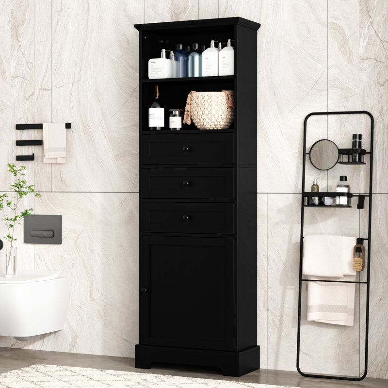Grande armoire de rangement avec 3 tiroirs et tablettes réglables pour la salle de bain, Noir