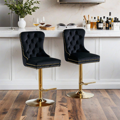 Velvet Swivel Bar Stools Set Of 2 With Upholstered Back, Adjustable Counter Height Barstools, Bar Chairs For Home Bar