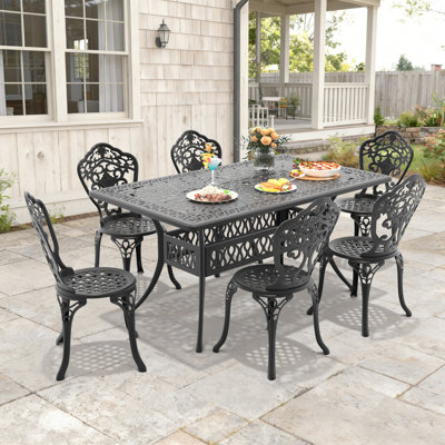 Table de salle à manger rectangulaire en aluminium moulé pour patio de 58,27 po de longueur avec trou pour parasol et 6 chaises avec une largeur d'assise de 15,35 po (ensemble de 7 pièces)