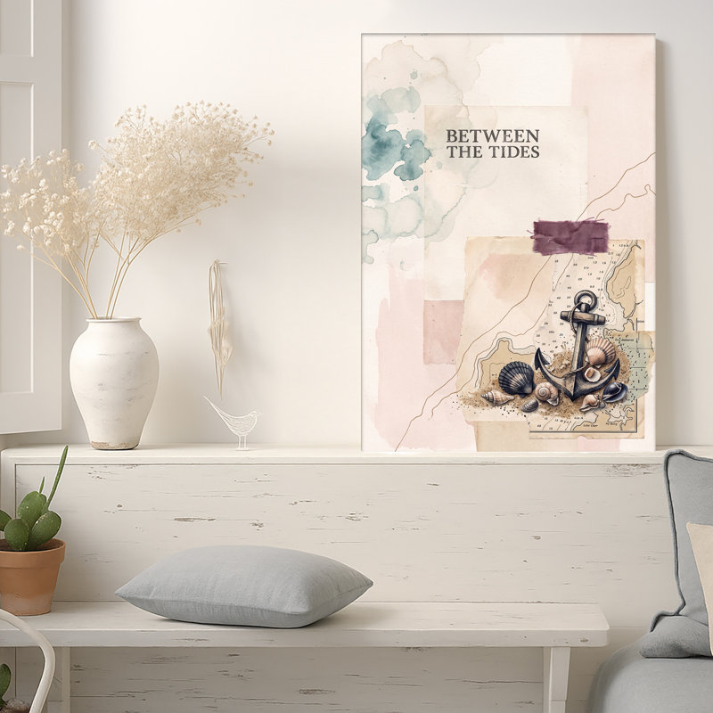 Ancre et coquillages sur tableau nautique avec aquarelle, art mural sur toile, 30"H x 20"W