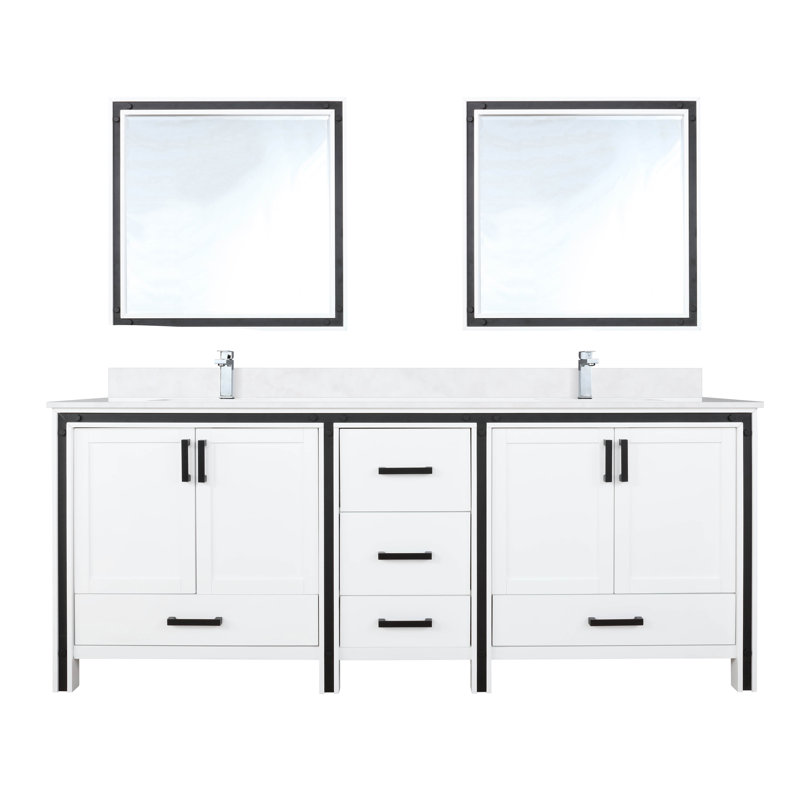 Ziva 80 in W x 22 in D Double Bath Vanity, White Top, 30 in Mirrors and Chrome Faucet Set, White, White Quartz
