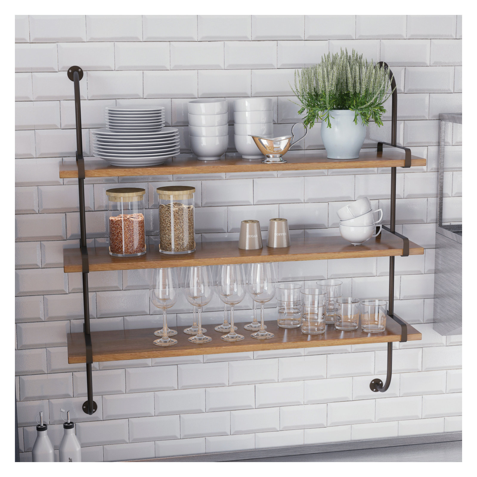 Wood 3 Level Wall Shelf with Metal Brackets, Brown/Black