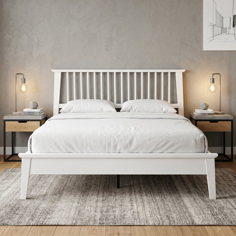 Base de lit pleine grandeur avec tête de lit et pied de lit Yuma, lit plateforme en bois massif, 12 bases à lattes durables avec pieds en métal, antidérapant et sans bruit, finition blanc pur