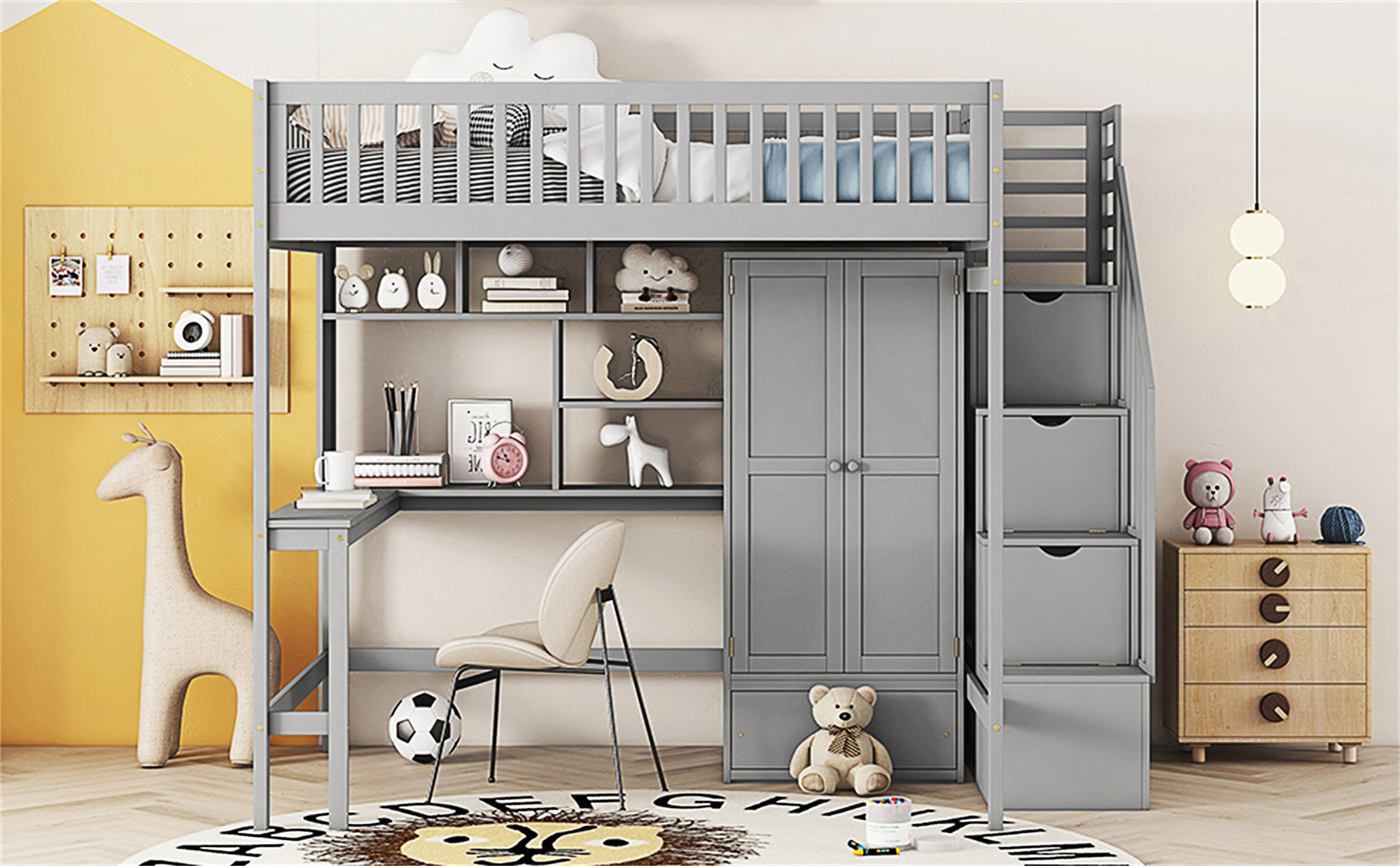 Harriet Bee Full Size Loft Bed With Bookshelf,Drawers,Desk,And Wardrobe ...