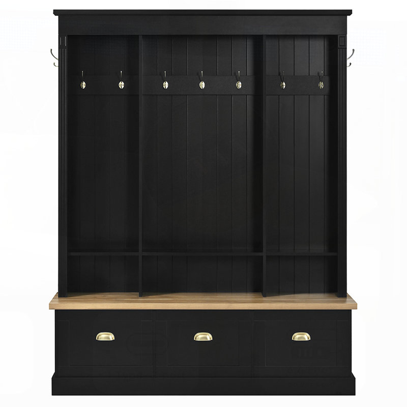 Elegant APP Controlled LED Light Hall Tree with 9 Hooks, Roman Column Design, and Natural Storage Bench with 3 Large Cabinets