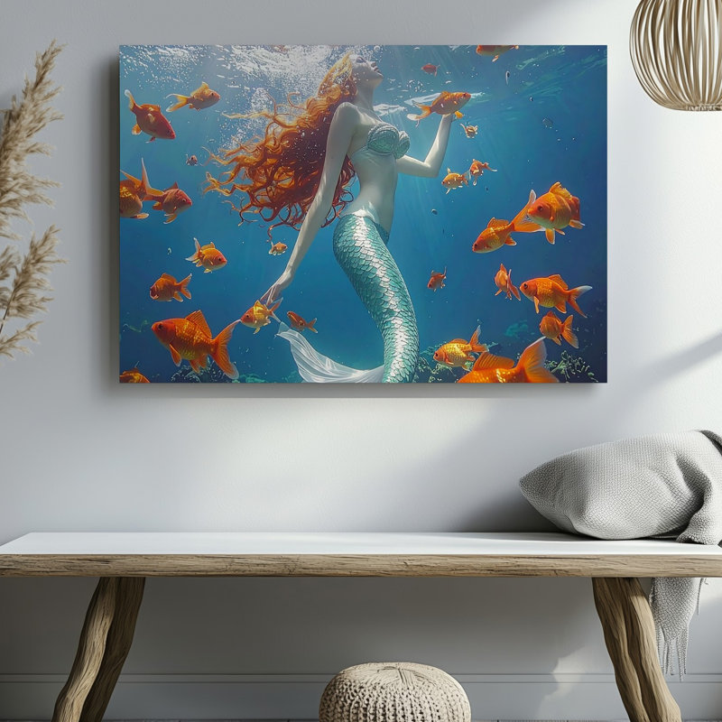 Toile sirène et harmonie poisson rouge, H 16 po x l 20 po