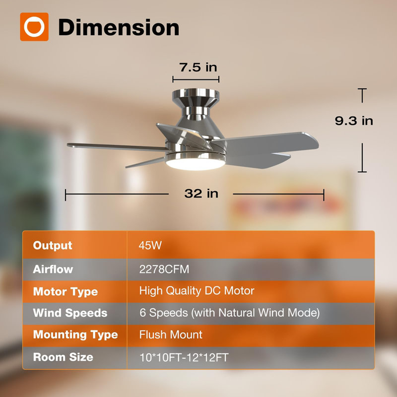 32 inch Low Profile Ceiling Fan with Light and Remote Control, Nickel