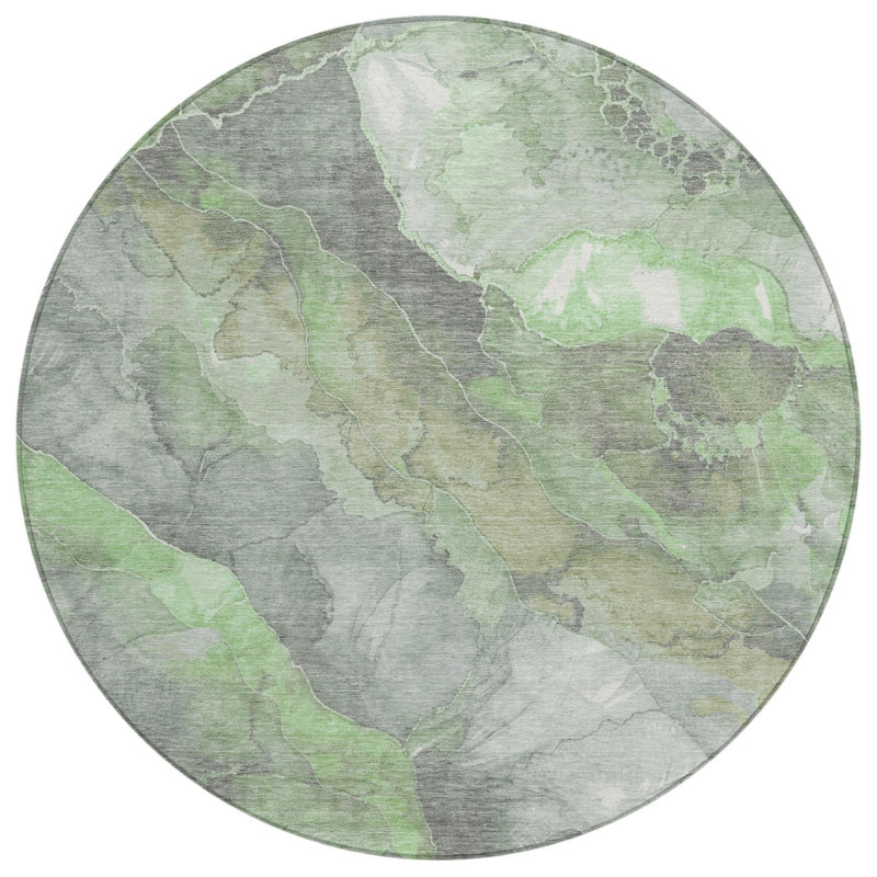 Tapis rond à motifs floraux verts et gris de 2,44 m (8 pi), lavable, pour intérieur et extérieur