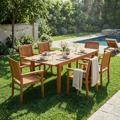 Ensemble de salle à manger d'extérieur en bois d'acacia 7 pièces 7 pièces, 1 grande table moderne, ensemble de mobilier de salle à manger pour pelouse, cour, terrasse de jardin, bord de piscine, teck