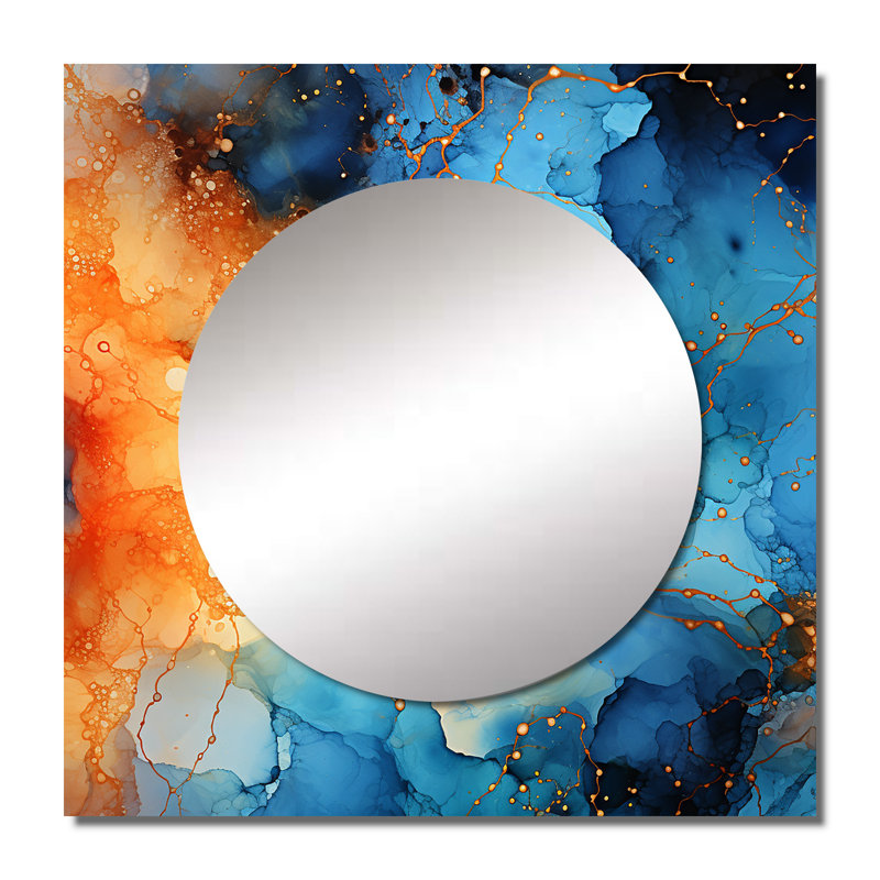 Love Spirit Turquoise And Orange Marble Art I - Abstract Large Square Mirror For Wall Art Decor, 23" x 23"