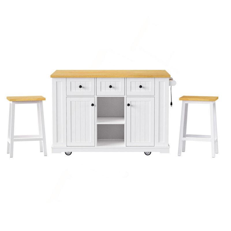 53Inch Large Kitchen Island With 2 Bar Stools, Power Outlet,Door Internal Storage Rack, Kitchen Storage Cart On 5 Wheels With Drop Leaf, 5 Open Side Racks, 3 Drawers, For Kitchen,Dining Room