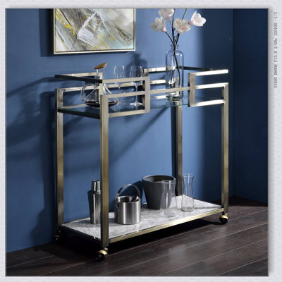 Neilo Clear Glass, Faux Marble Top & Wire Brass Finish Serving Cart with Two-Tier Shelves for Elegant Storage and Display