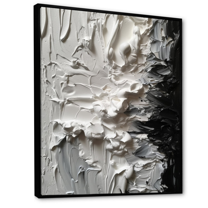 «White and Black Tranquility Unleashed V», art abstrait sur toile marbrée, H 32 po x l 16 po x P 1 po, Cadre flottant noir