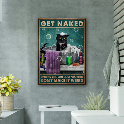 Witch Cat With Potions In Bath - Get Naked Gallery Wrapped Canvas - Bath And Laundry Pet Illustration Decor, Black, Purple And Blue-Green Bathroom Decor