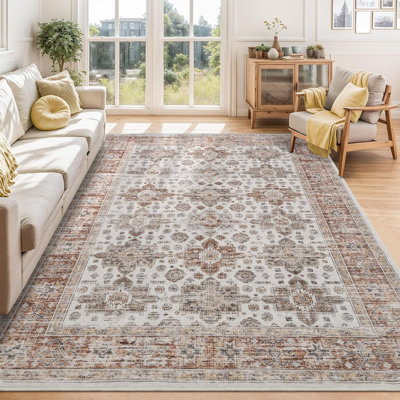 Area Rugs Washable, Soft Vintage Large Bedroom Rugs, Boho Farmhouse Low Pile Non-Slip Indoor Throw Carpet Rugs for Living Room Dining Room