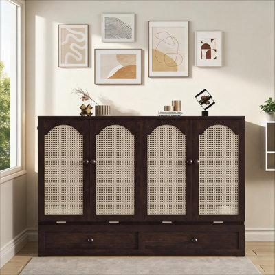 Space-Saving Queen Size Murphy Platform Bed with Rattan Accent, Solid Pine Construction in Wood-Tone Brown