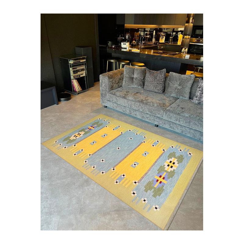 Tapis jaune délavé à motif traditionnel délavé, Tapis de couloir 3 pi 3 po x 9 pi 10 po