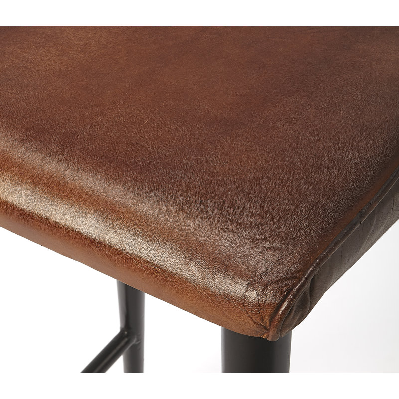 Tabouret de comptoir 26 po Bertita, Noir, Cuir véritable brun moyen