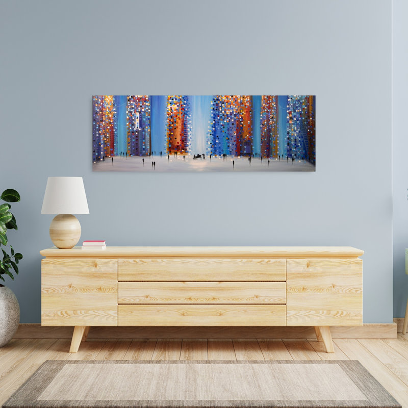 «Vibrant City Night», art abstrait contemporain, art mural de la ville, H 16 po x l 48 po