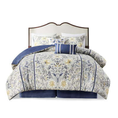 6 Piece Cotton Comforter Queen, All Over Botanical Print In Blue And Yellow For Soft Slumber 100% Queen Piece, Romantic Sleep Night