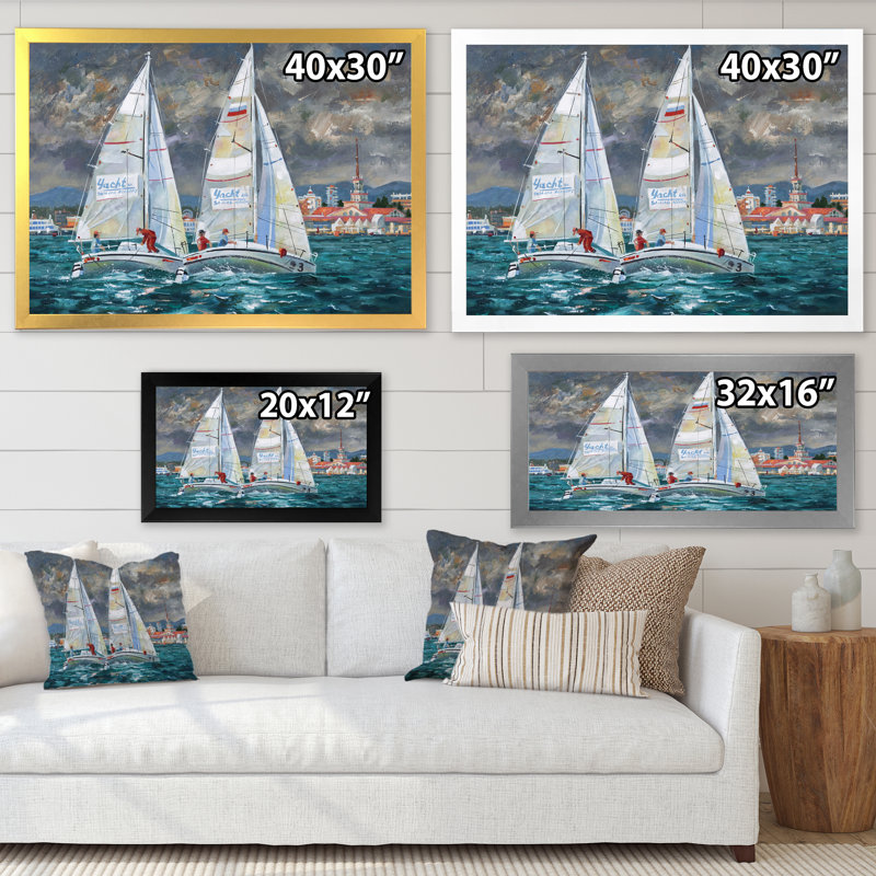 Regatta voiliers arrivant à la finition II - impression sur toile nautique et côtière, L 20 po x H 12 po, Cadre photo noir