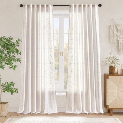 Linen Blended Semi Sheer Embroidered Floral Curtains