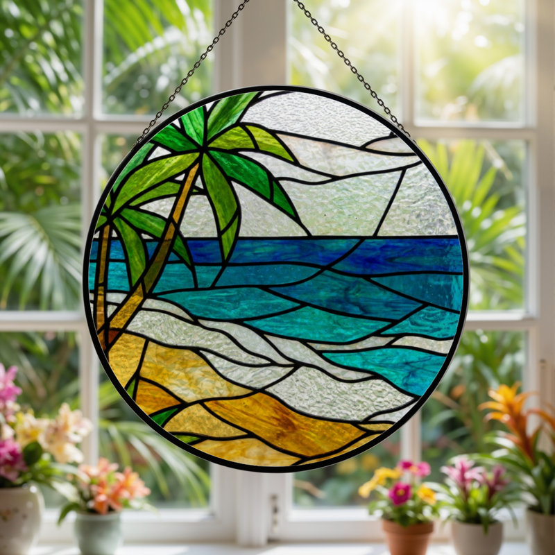 7.8"H Tropical Beach Stained Glass Window Panel, 7.8" H x 7.8" W