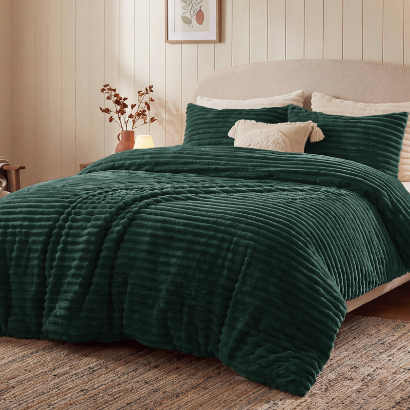 Ensembles d'édredon pour très grand lit - 3 pièces de literie en molleton moelleux émeraude, esthétique rayée confortable pour les chambres modernes et d'invités, décoration intérieure de luxe toutes saisons