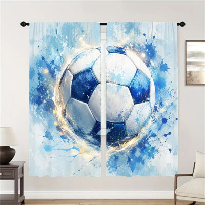 2 pièces de rideaux de soccer avec éclaboussures de ballon de football, rideaux de fenêtre de football dynamique et abstrait moderne pour le salon, la cuisine, le patio, la lumière filtrant, la décoration du jour du match, la maison sur le thème du football