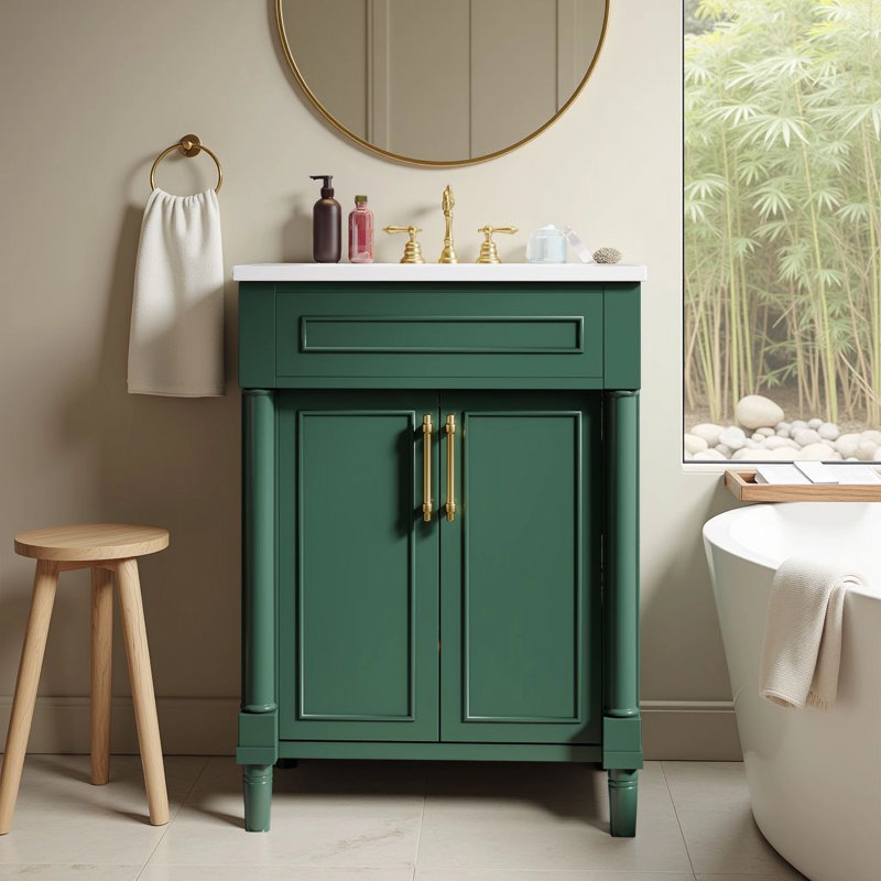 24" Free-Standing Single Bathroom Vanity Rothe With Ceramic Sink And Solid Wood 2-Door Cabinet, Green