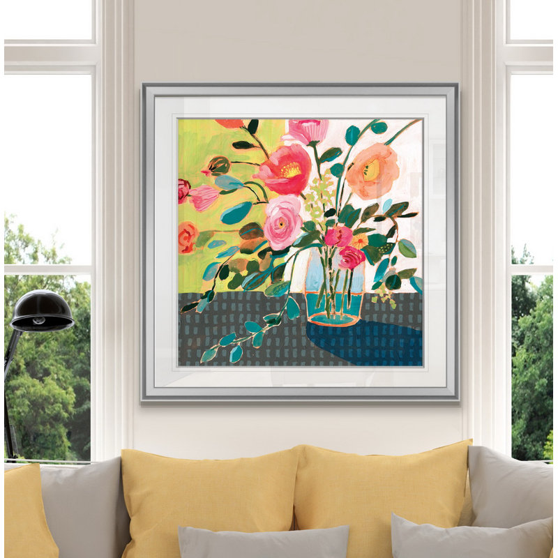 « excentrique bouquet ii », peinture, H 28 po x l 28 po x P 1,5 po, Encadrement argenté