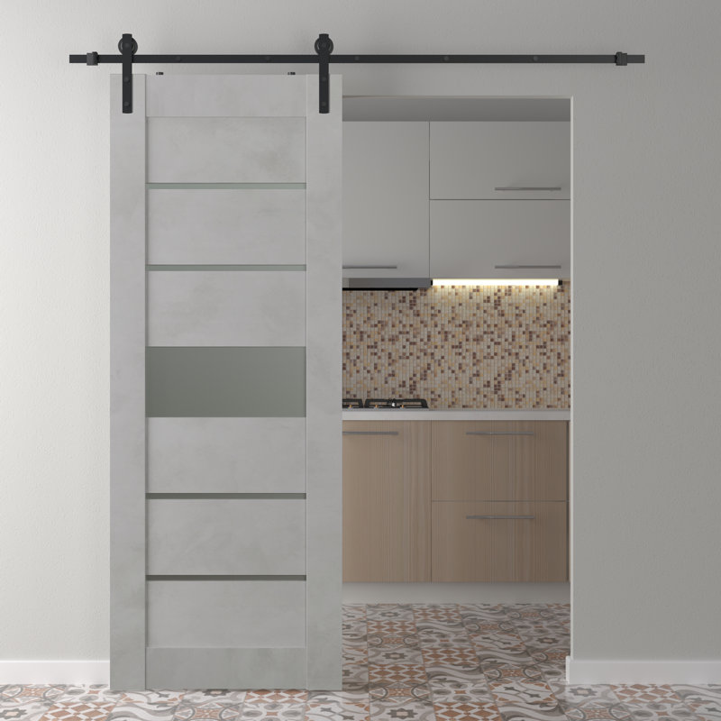Porte de grange à panneaux et en bois avec kit de quincaillerie Avon, 27,75 po x 79,37 po, Chêne Veralinga