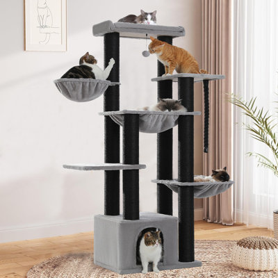 66.5" Tall Cat Tree For Indoor Large Cats, Large Cat Tower For Adult Cats With Super Large Hammock, Cat Climbing Tree Tower With Scratching Posts, Condo House And Large Top Perch