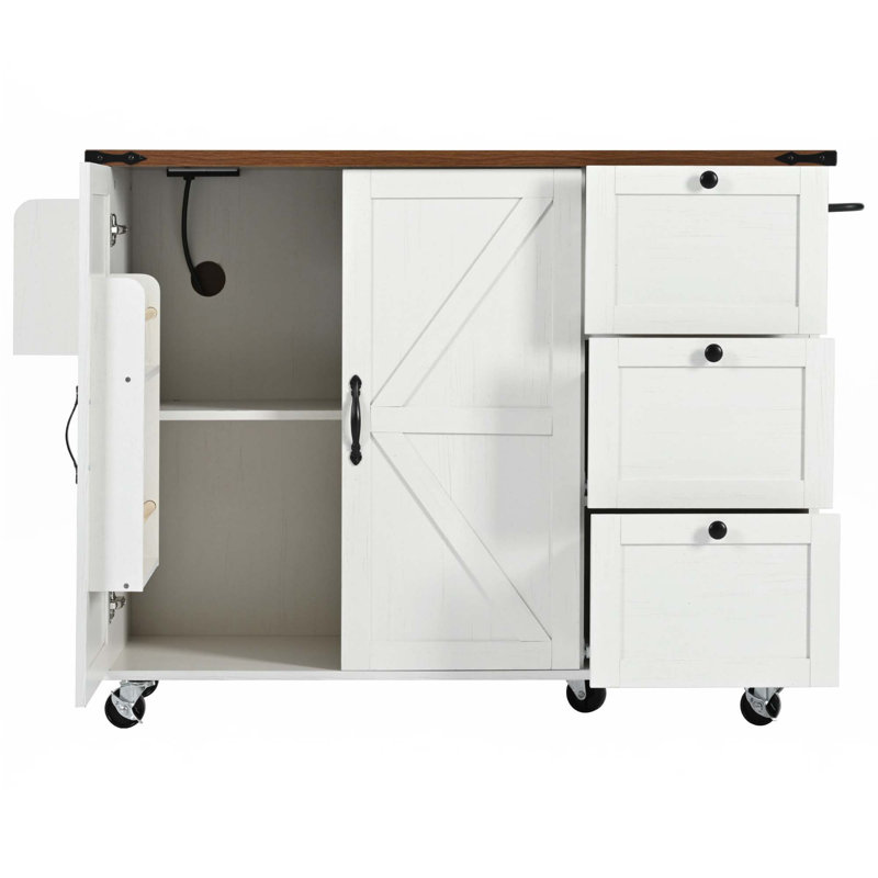 54.5" Farmhouse Kitchen Island With Power Outlet, Kitchen Storage Island  With Internal Storage Rack, Drop Leaf, White
